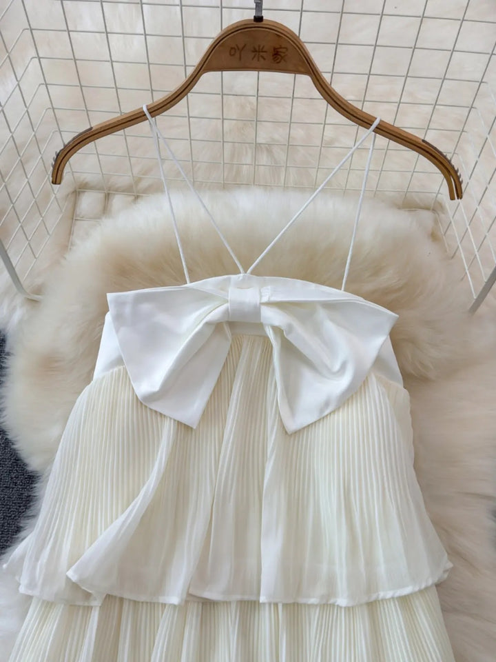 Esther Apricot White  Bow Holiday Style Hanging Neck Loose A-line Mini Dress