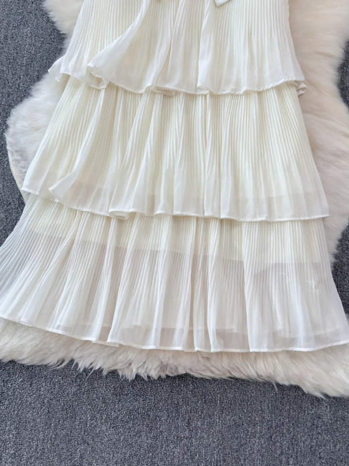 Esther Apricot White  Bow Holiday Style Hanging Neck Loose A-line Mini Dress