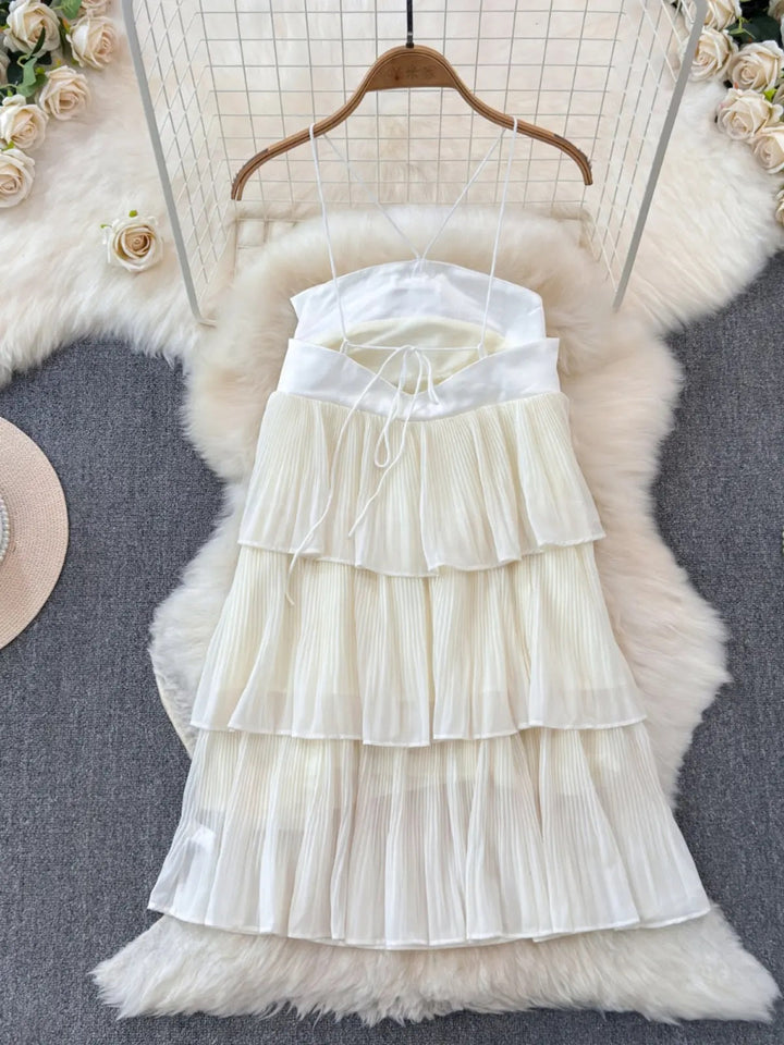 Esther Apricot White  Bow Holiday Style Hanging Neck Loose A-line Mini Dress