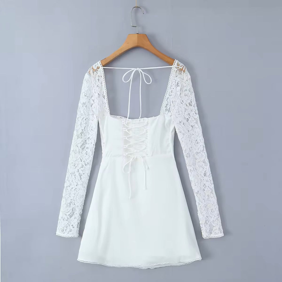 Eulalie White Lace Sweetheart Neckline Long Sleeves Smocked Crisscross Back Mini Dress