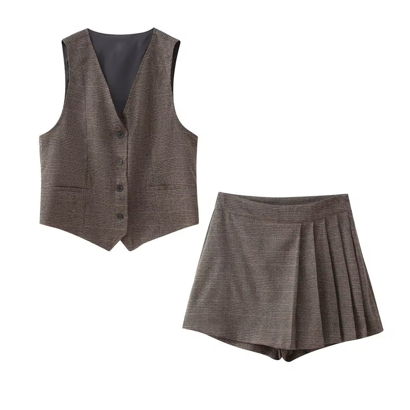 Euro Brown Plaid V Neck Single Breasted Casual Waistcoat Vest