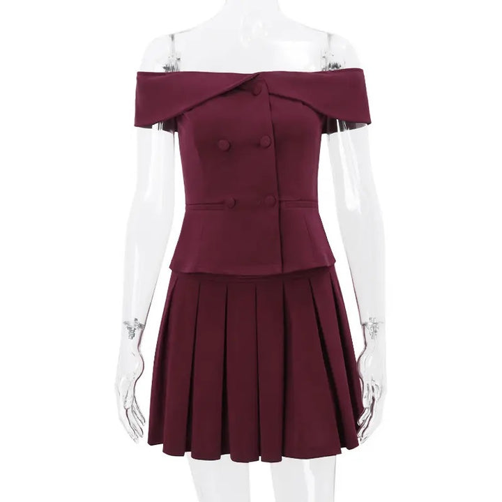 Faiyaz Burgandy Red Drop Shoulder Double Breasted Top Pleated Mini Skirt 2 Pieces Set