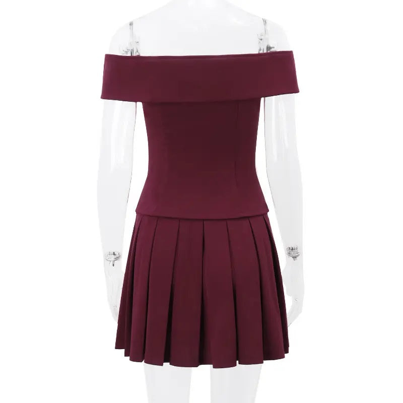 Faiyaz Burgandy Red Drop Shoulder Double Breasted Top Pleated Mini Skirt 2 Pieces Set