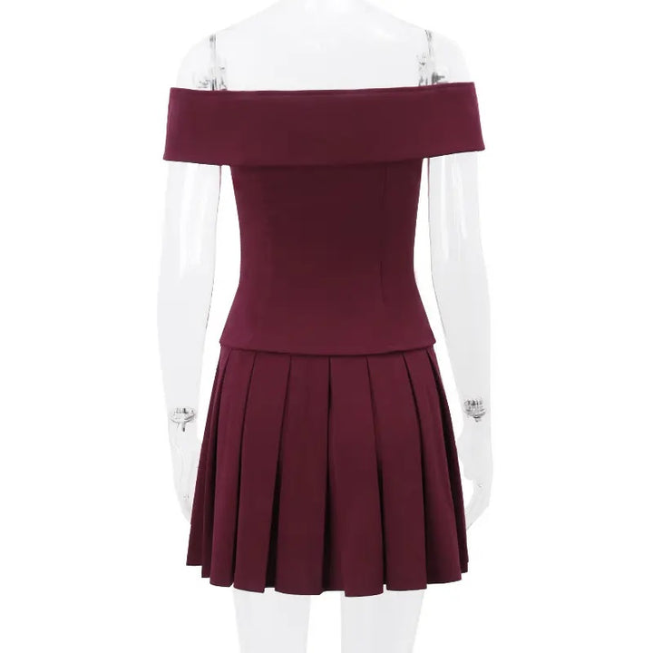 Faiyaz Burgandy Red Drop Shoulder Double Breasted Top Pleated Mini Skirt 2 Pieces Set