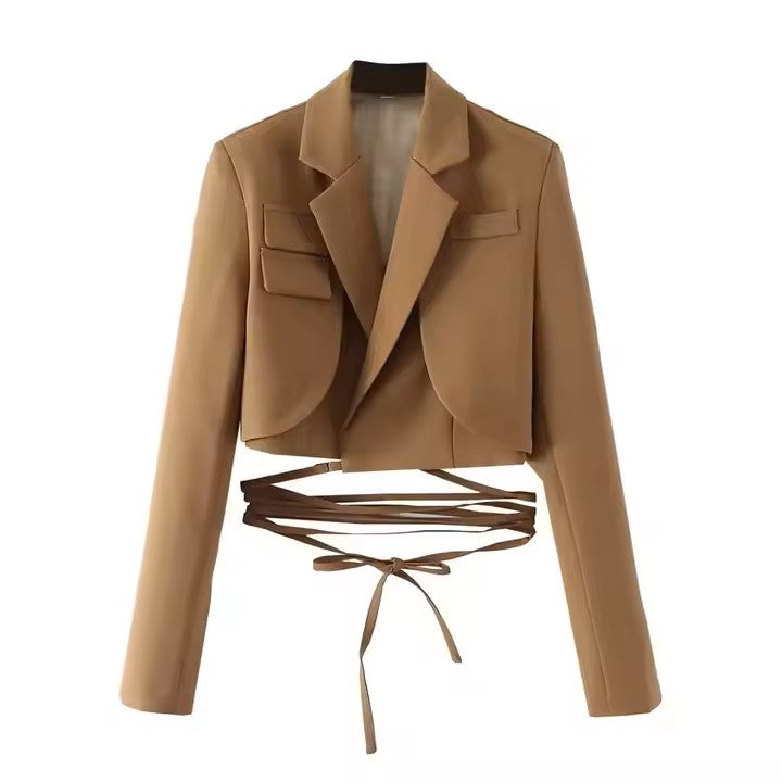Faustine Caramel Brown Notched Collar Long Sleeve Flap Pockets Waist Wrap Tie Cropped Blazer
