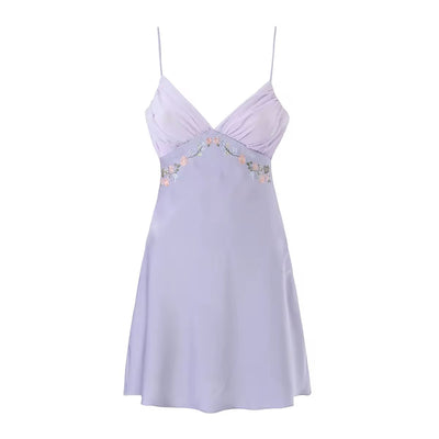 Fayette Lilac Floral Embroidery V Neck Thin Strap Sleeveless Mini Dress