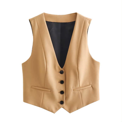 Femme Khaki V Neck Single Breasted Waistcoat Vest