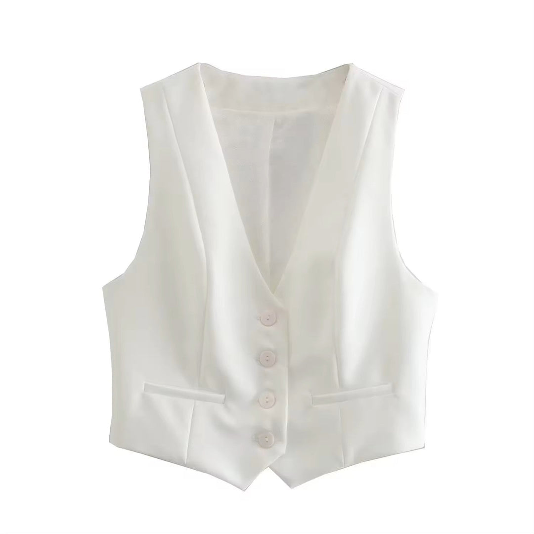 Femme White V Neck Single Breasted Waistcoat Vest