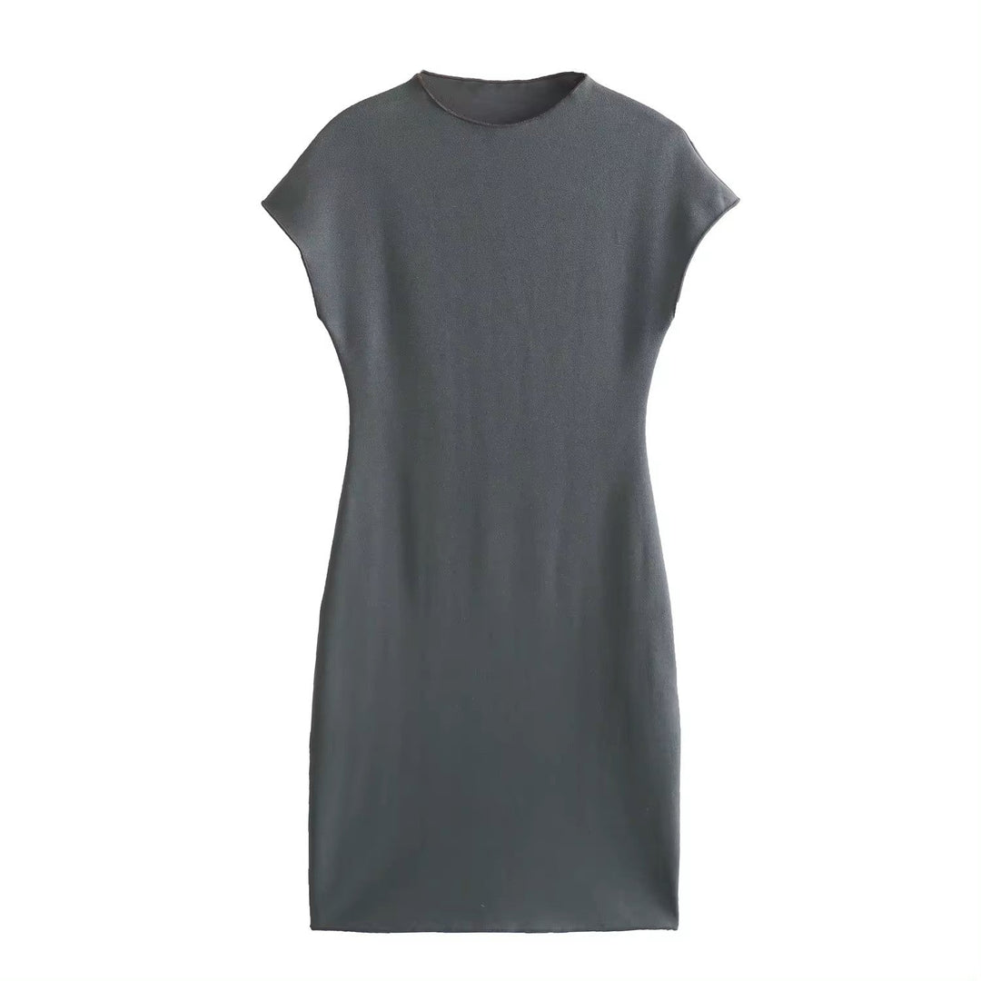 Fossette Gray Knitted Crew Neck Short Sleeves Basic Mini Dress