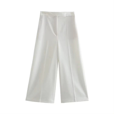 Francois White Zipper Fly Wide Leg Ankle-Length Trouser