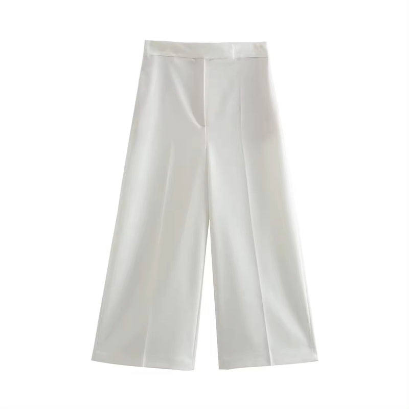 Francois White Zipper Fly Wide Leg Ankle-Length Trouser