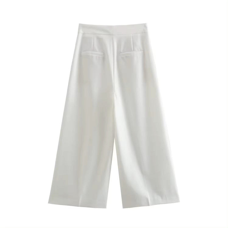 Francois White Zipper Fly Wide Leg Ankle-Length Trouser