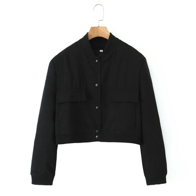 Freydis Black Crew Neck Button Down Long Sleeves Pilot Jacket