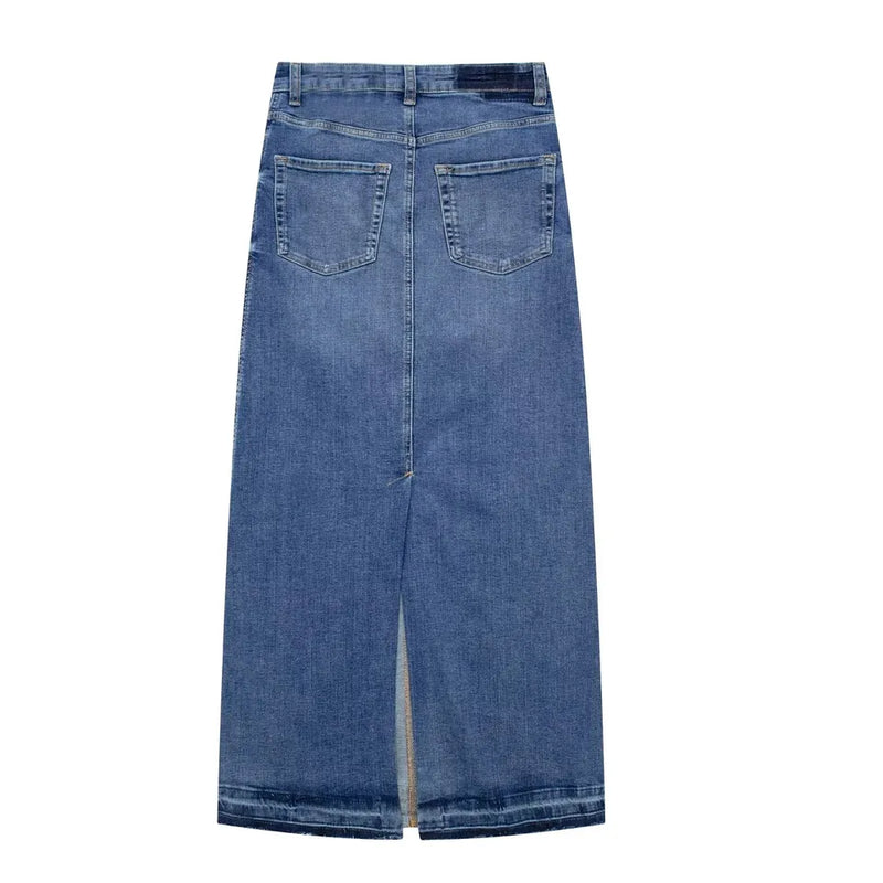 Gean Blue Zipper Fly Lined Back Slit Midi Skirt with Side Pockets