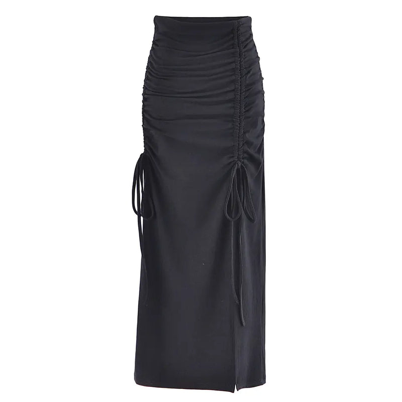 Georgene Black Ruched Sides Slit Lace Up Midi Skirt