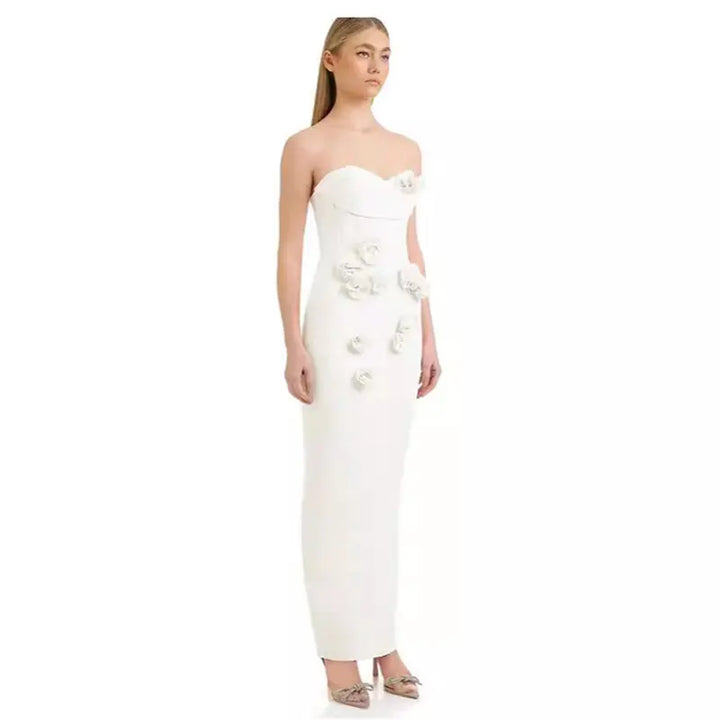 Gardenia White Sweetheart Neck Flower Corset Bodycon Maxi Dress