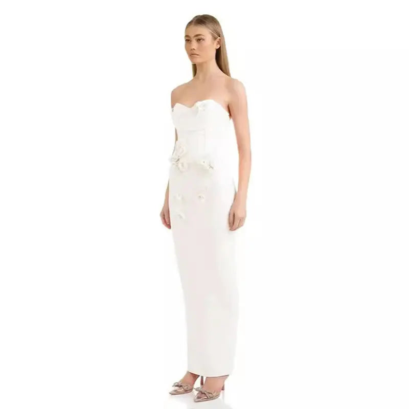 Gardenia White Sweetheart Neck Flower Corset Bodycon Maxi Dress