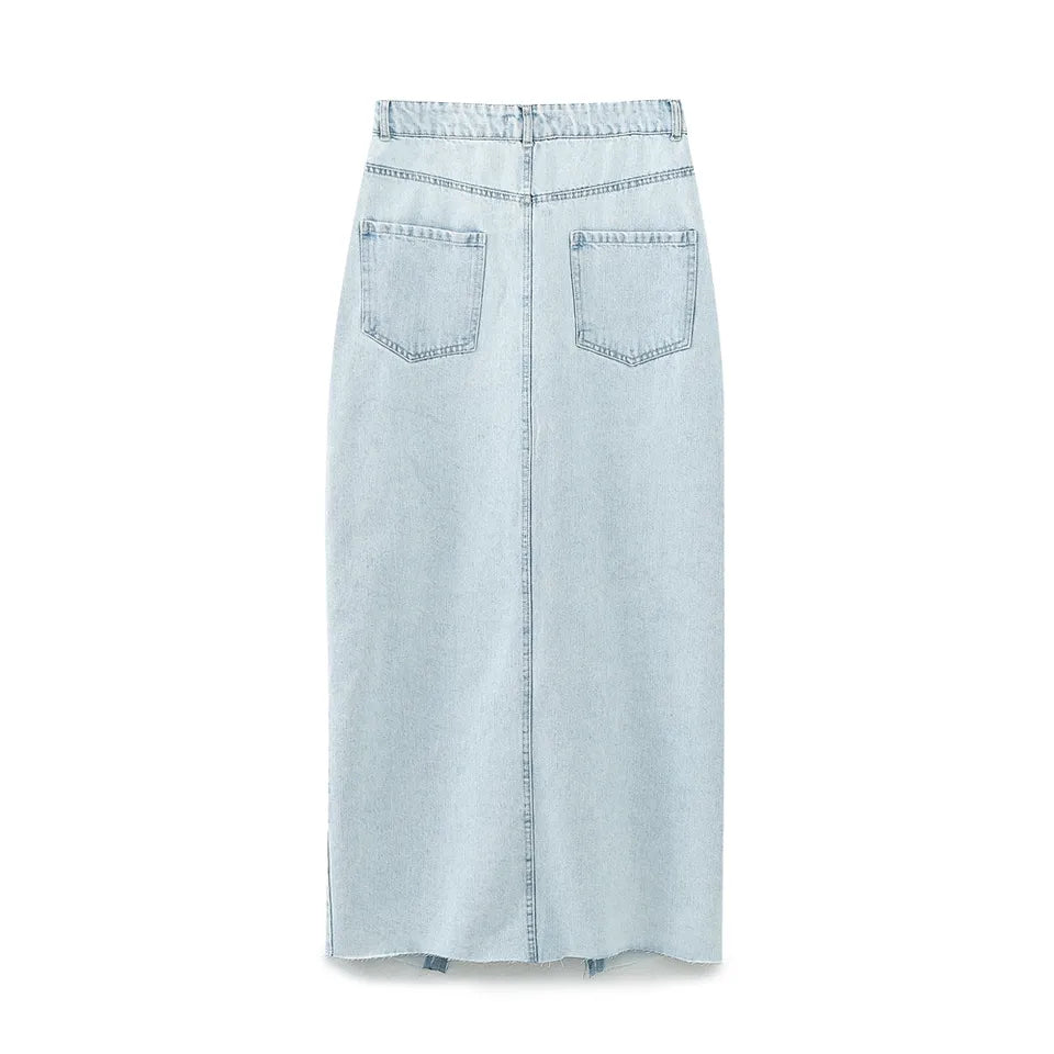 Genette Light Blue Denim Zipper Fly Front Slit Midi Skirt with Pockets
