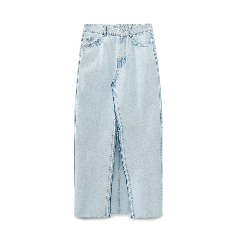 Genette Light Blue Denim Zipper Fly Front Slit Midi Skirt with Pockets