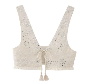 Gienelle Beige Eyelet Self Tie Bust Raw Hem Sleeveless Crop Top