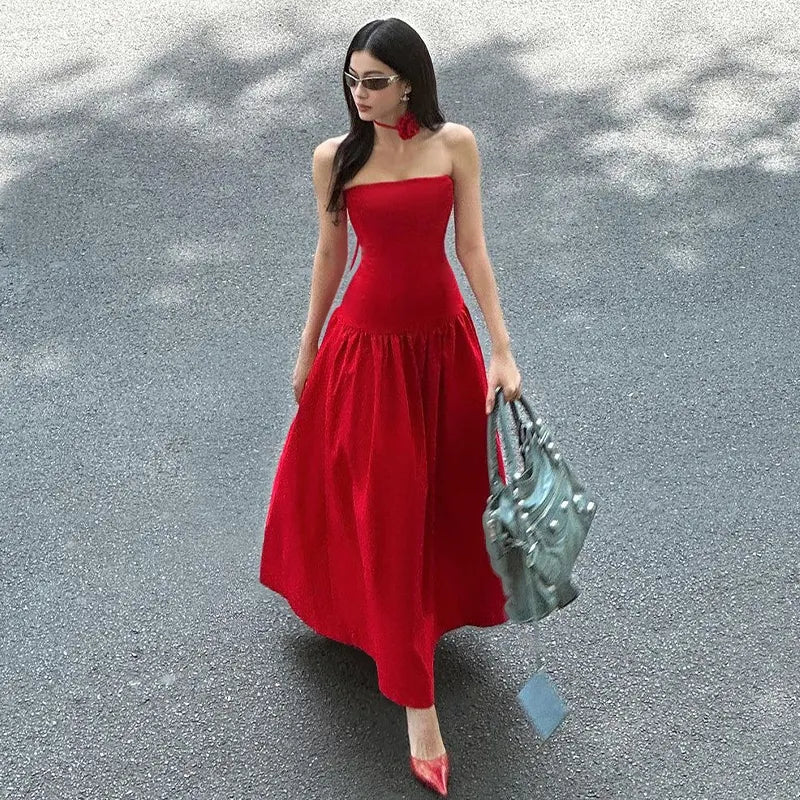 Hermione Red Tube Pleated A-Line Maxi Dress