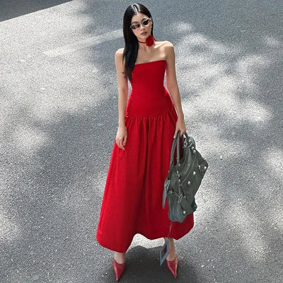Hermione Red Tube Pleated A-Line Maxi Dress