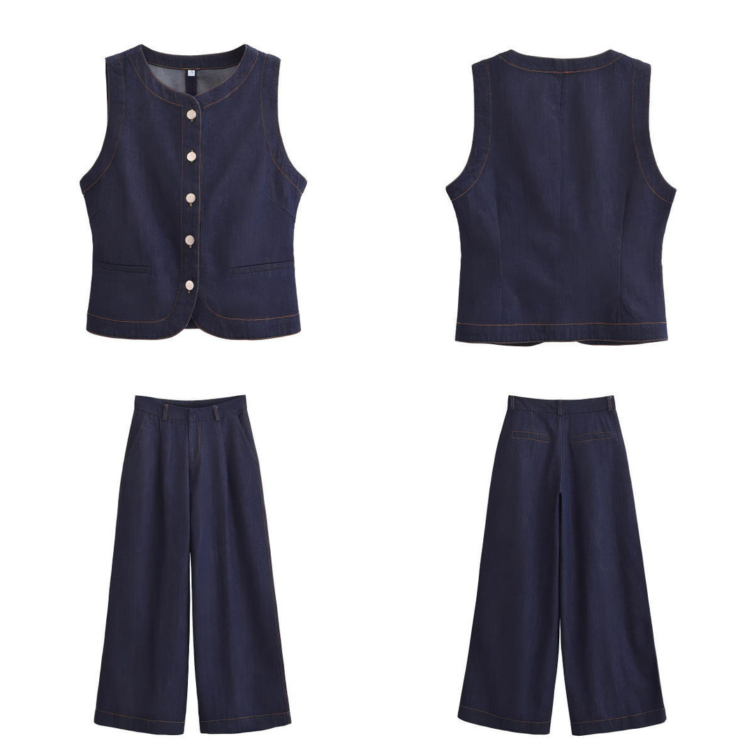 Madilyn Denim Blue  Buttons Up Casual Vest Top