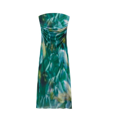Kamyle Green With Blue Abstrat Print Mesh Ruched Sides Tube Midi Dress