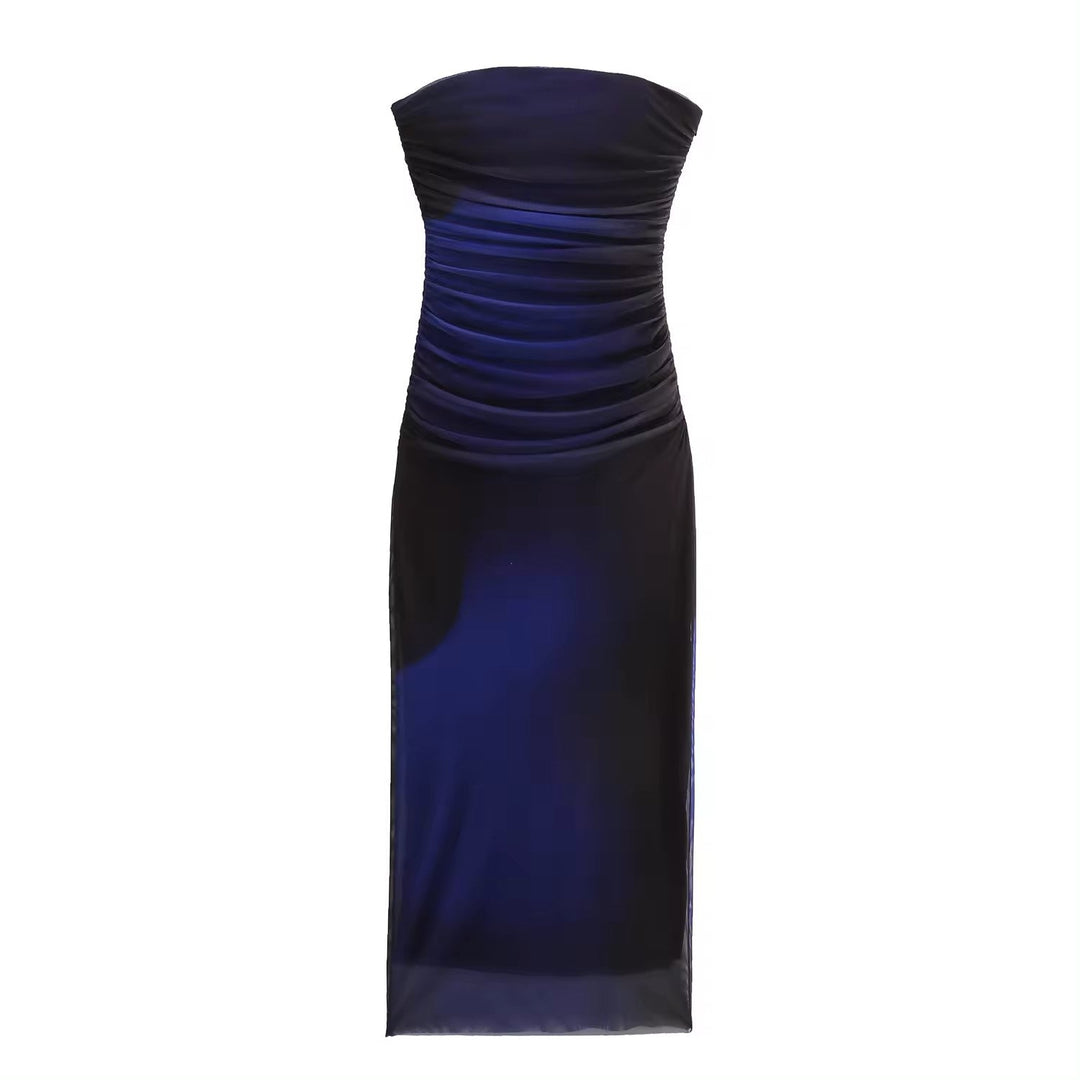 Katniss Cobalt Blue and Black Tie Dye Mesh Pleated Bodycon Tube Midi Dress