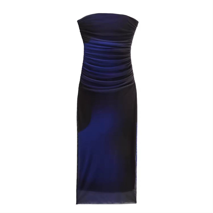 Katniss Cobalt Blue and Black Tie Dye Mesh Pleated Bodycon Tube Midi Dress