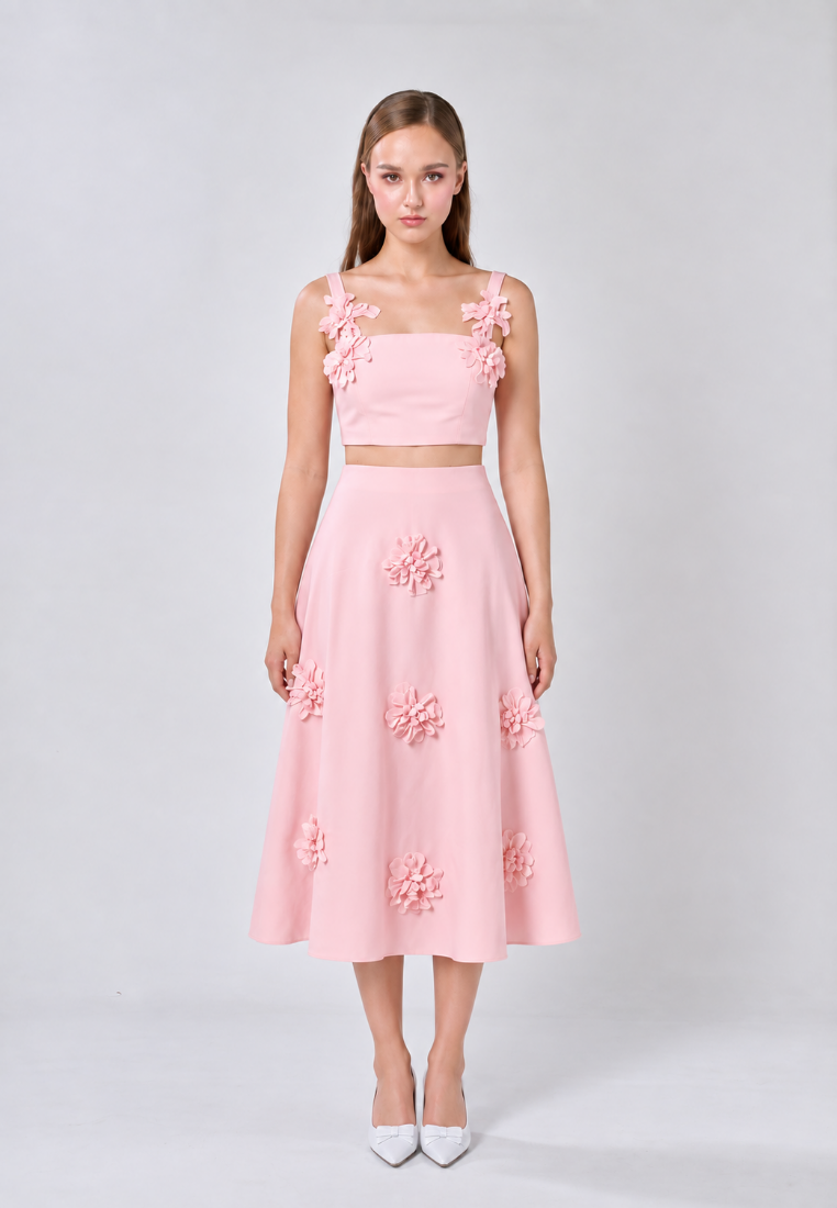 Jayce Pink Spaghetti Strap Camisole Top With 3D Flower Midi Skirt Set