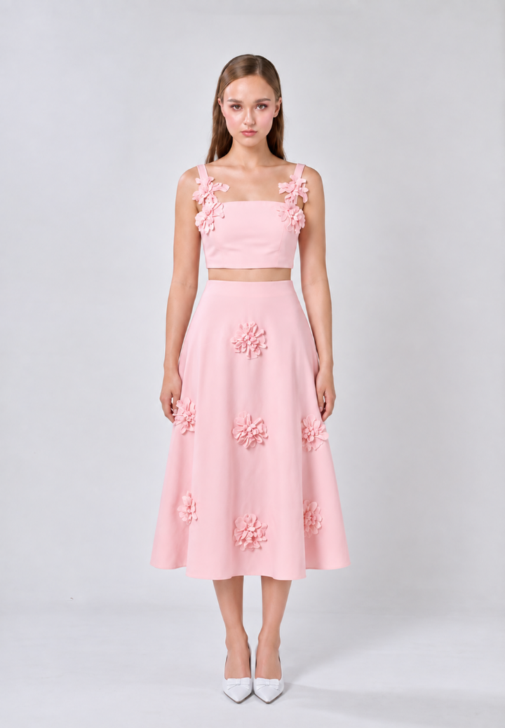 Jayce Pink Spaghetti Strap Camisole Top With 3D Flower Midi Skirt Set