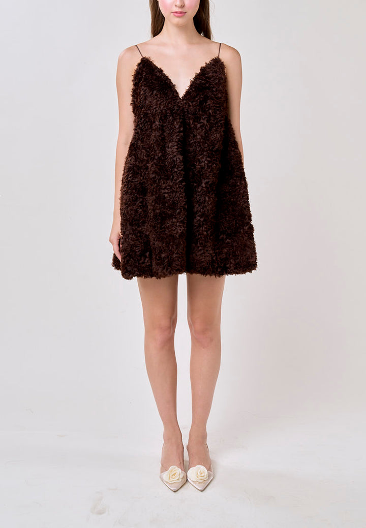 Tinker Cocoa V-neck Fluffy Mini Dress