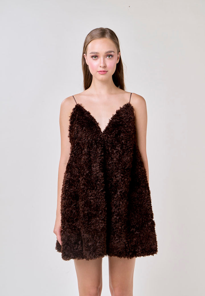 Tinker Cocoa V-neck Fluffy Mini Dress