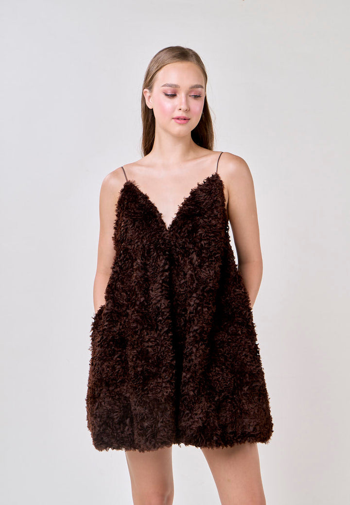 Tinker Cocoa V-neck Fluffy Mini Dress