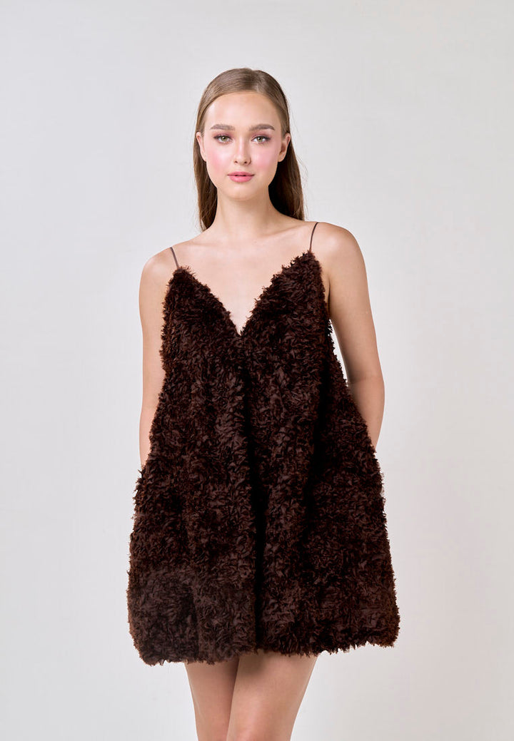 Tinker Cocoa V-neck Fluffy Mini Dress