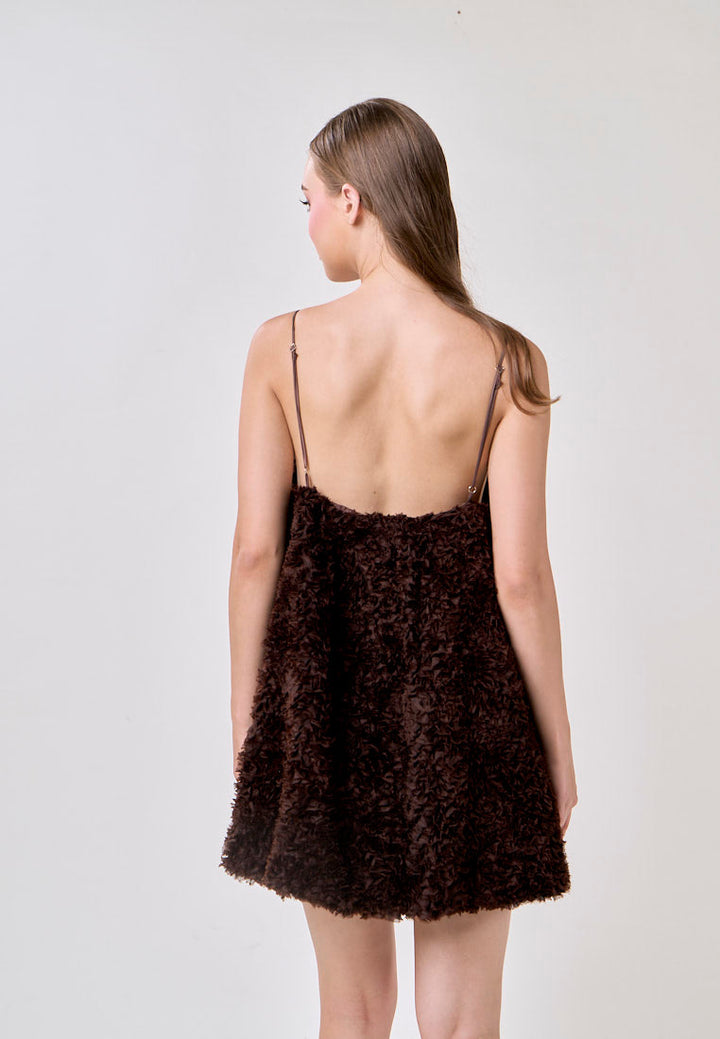 Tinker Cocoa V-neck Fluffy Mini Dress
