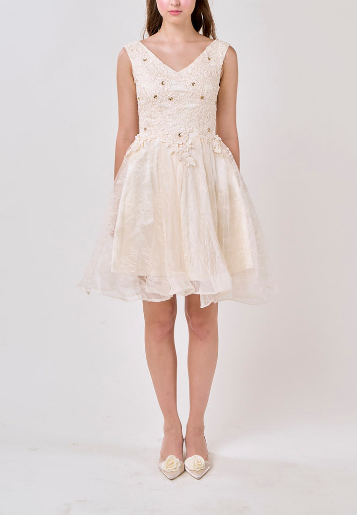 Naila Cream  V-Neck Embroided Flower Design Mini Dress