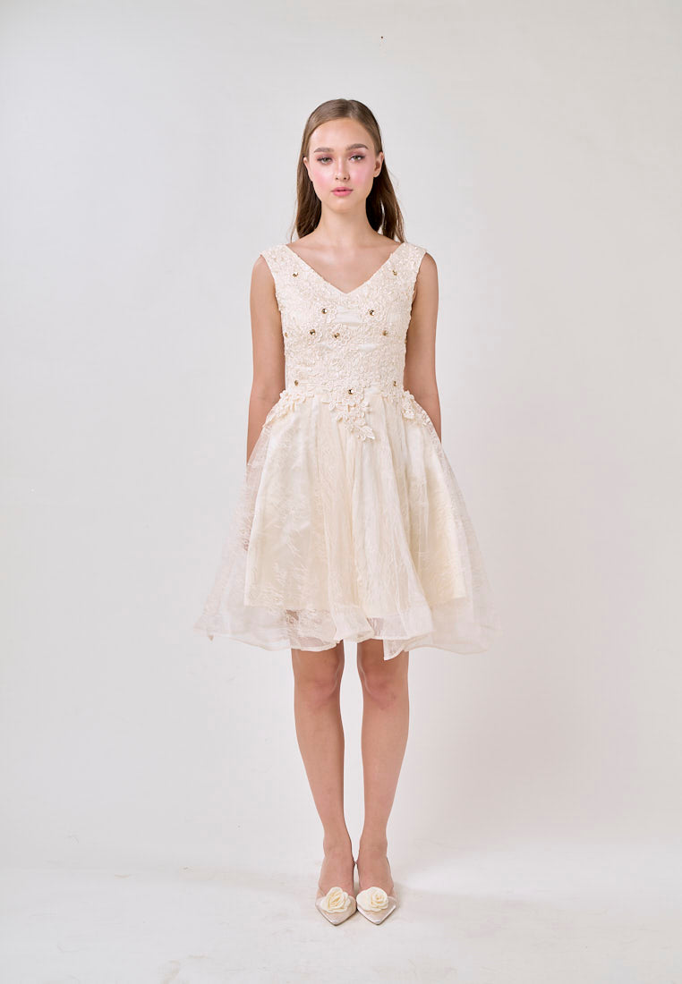 Naila Cream  V-Neck Embroided Flower Design Mini Dress
