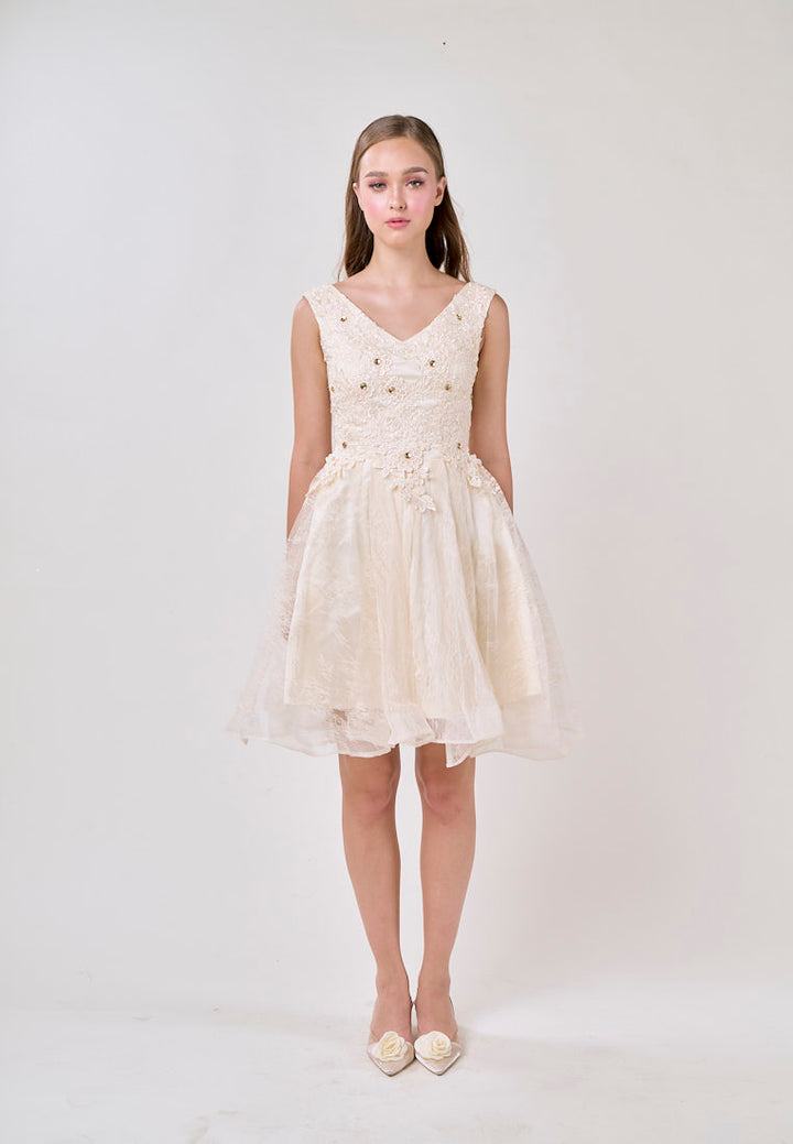 Naila Cream  V-Neck Embroided Flower Design Mini Dress