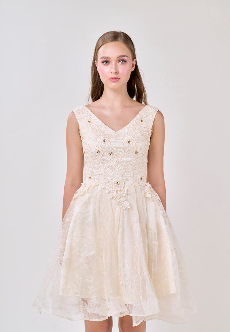 Naila Cream  V-Neck Embroided Flower Design Mini Dress