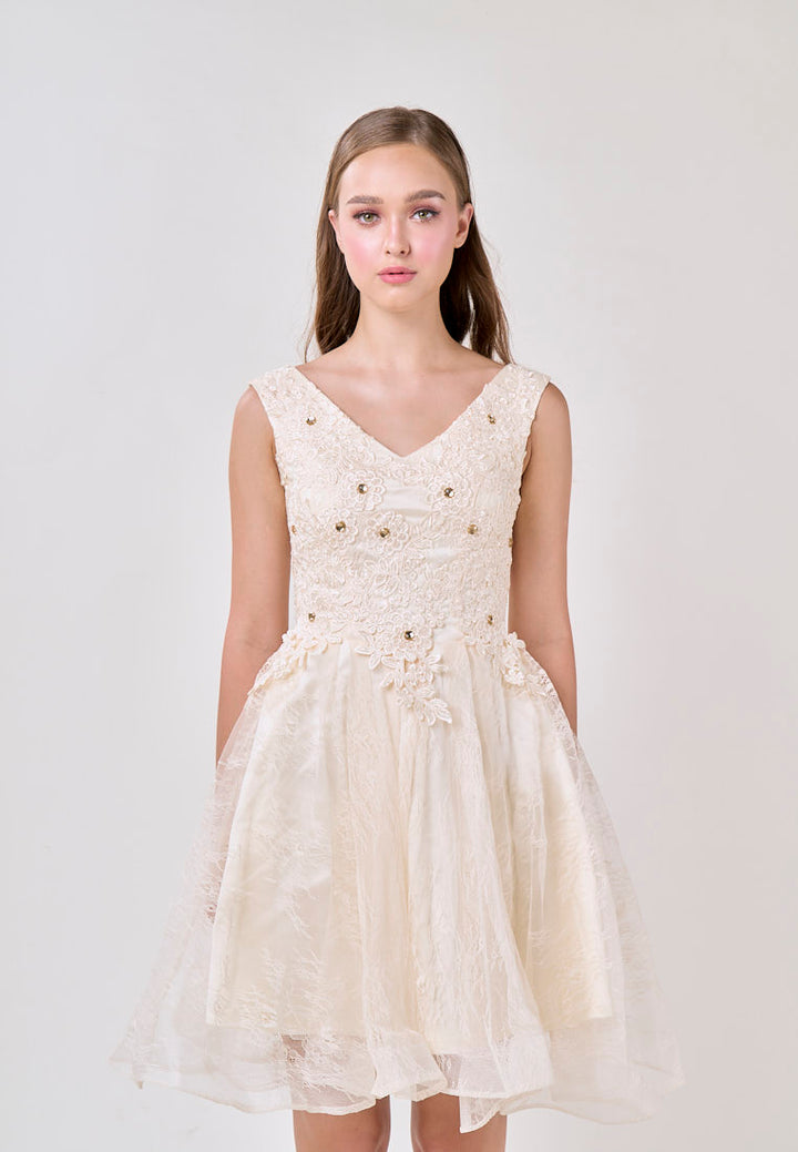 Naila Cream  V-Neck Embroided Flower Design Mini Dress