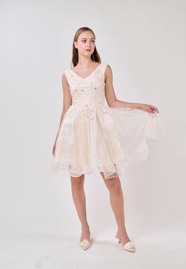 Naila Cream  V-Neck Embroided Flower Design Mini Dress