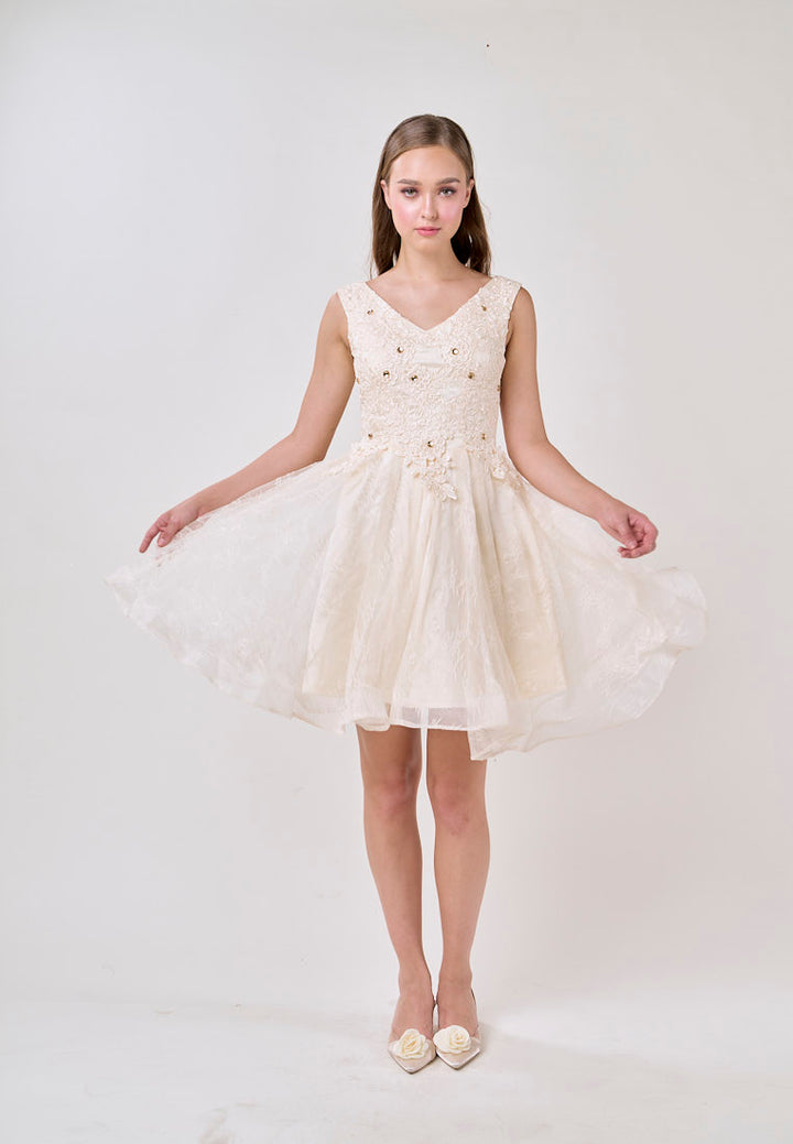 Naila Cream  V-Neck Embroided Flower Design Mini Dress