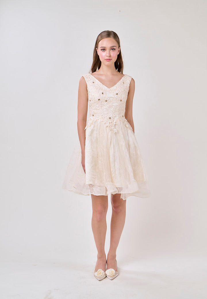 Naila Cream  V-Neck Embroided Flower Design Mini Dress