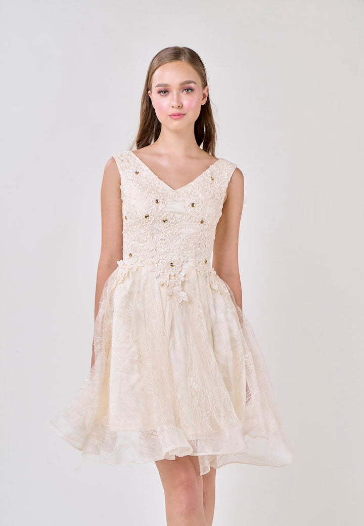 Naila Cream  V-Neck Embroided Flower Design Mini Dress