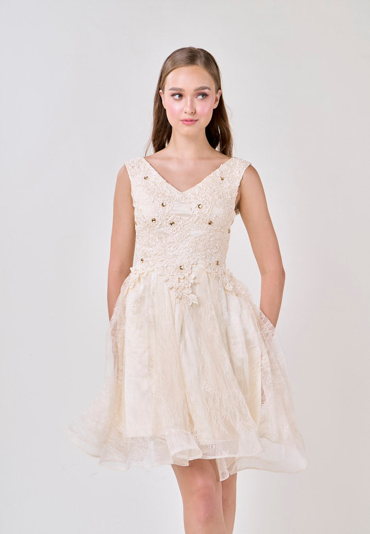 Naila Cream  V-Neck Embroided Flower Design Mini Dress