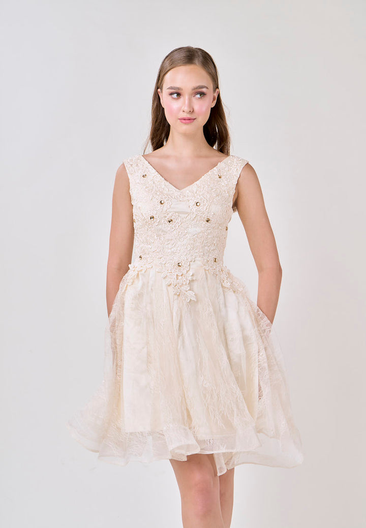 Naila Cream  V-Neck Embroided Flower Design Mini Dress