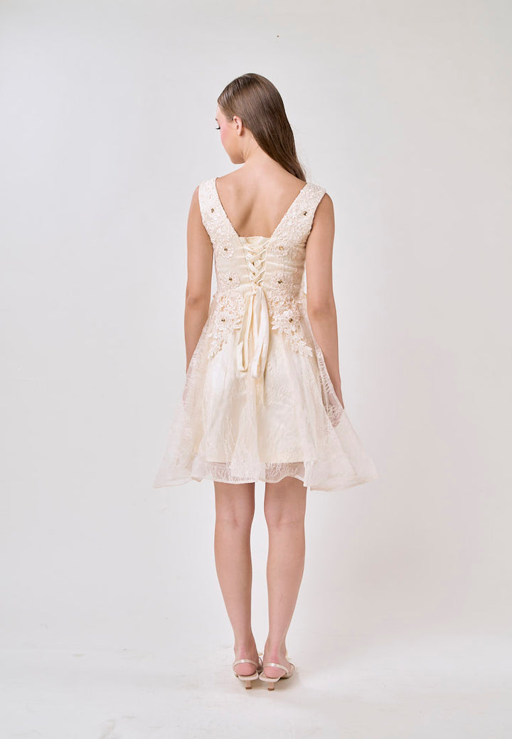 Naila Cream  V-Neck Embroided Flower Design Mini Dress