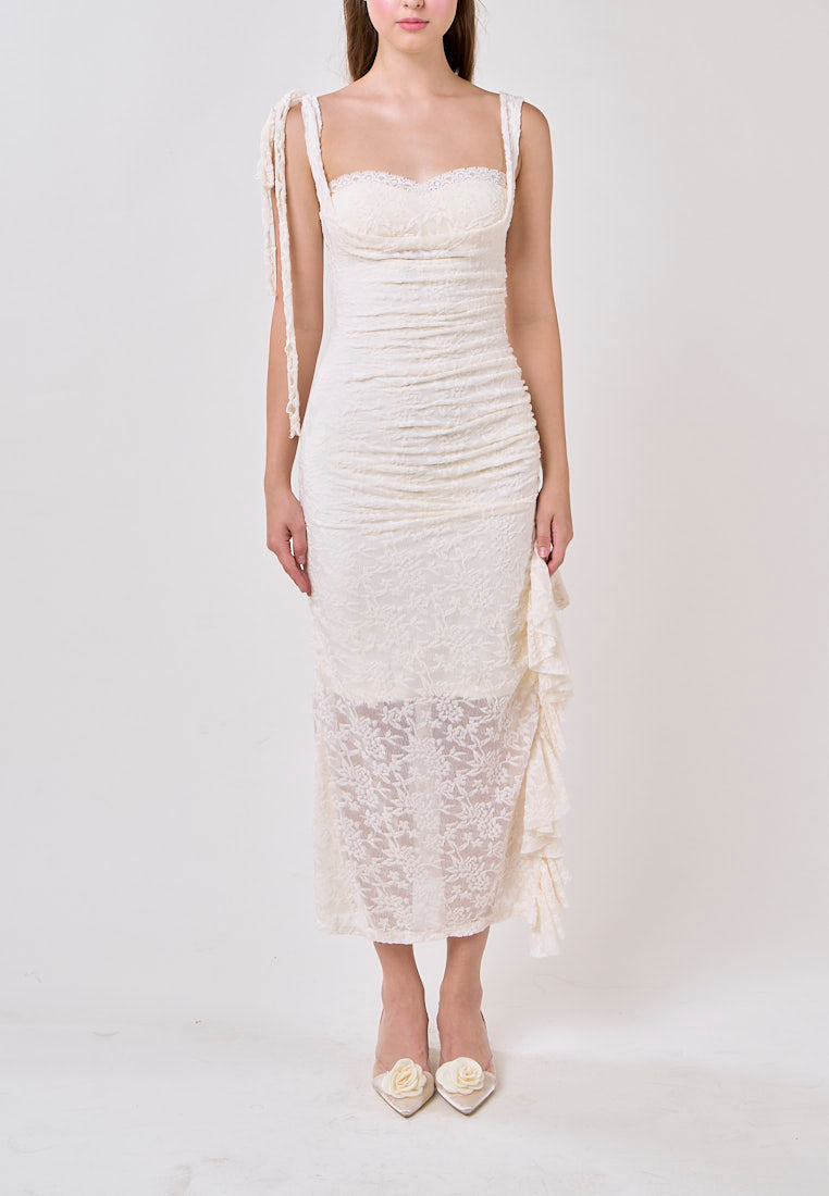 Angela Cream Sleeveless Sheer Lace Ruffled Slit Midi Dress
